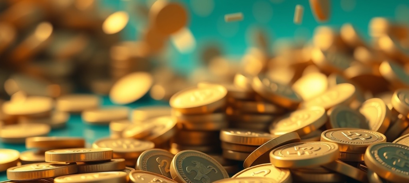 Golden coins cascading into teal light