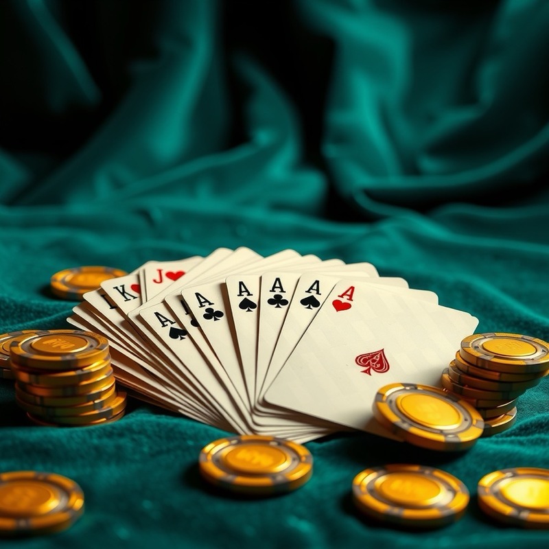 Playing cards and gold chips on teal velvet