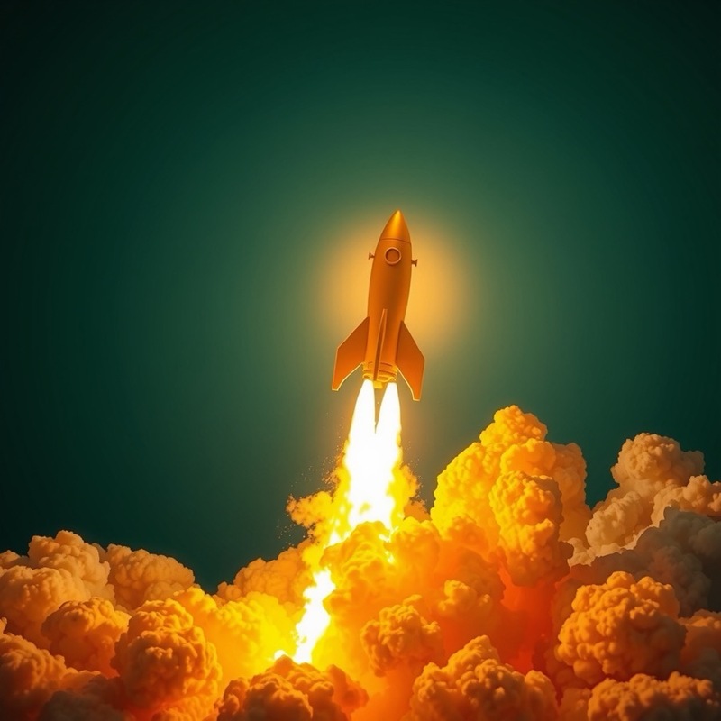 Golden rocket climbing through dark teal