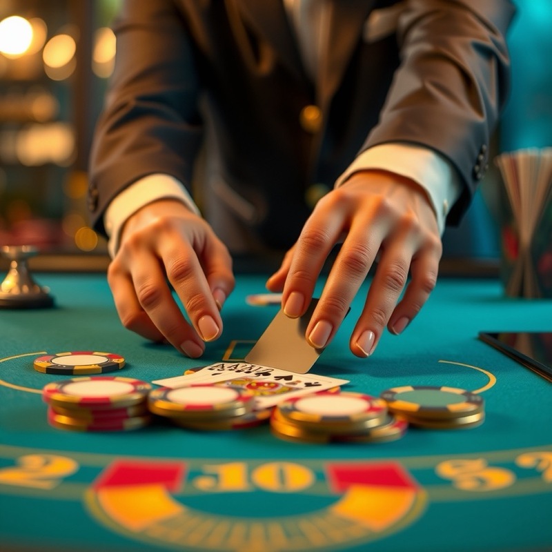 Live dealer dealing cards at a teal table