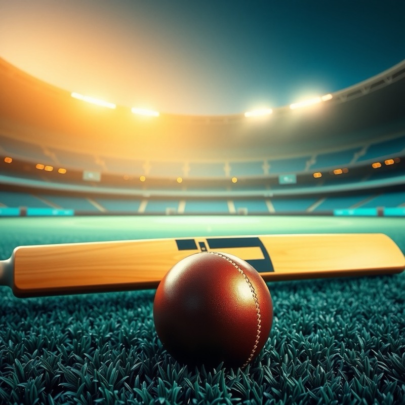 Cricket bat and ball on turf under golden light